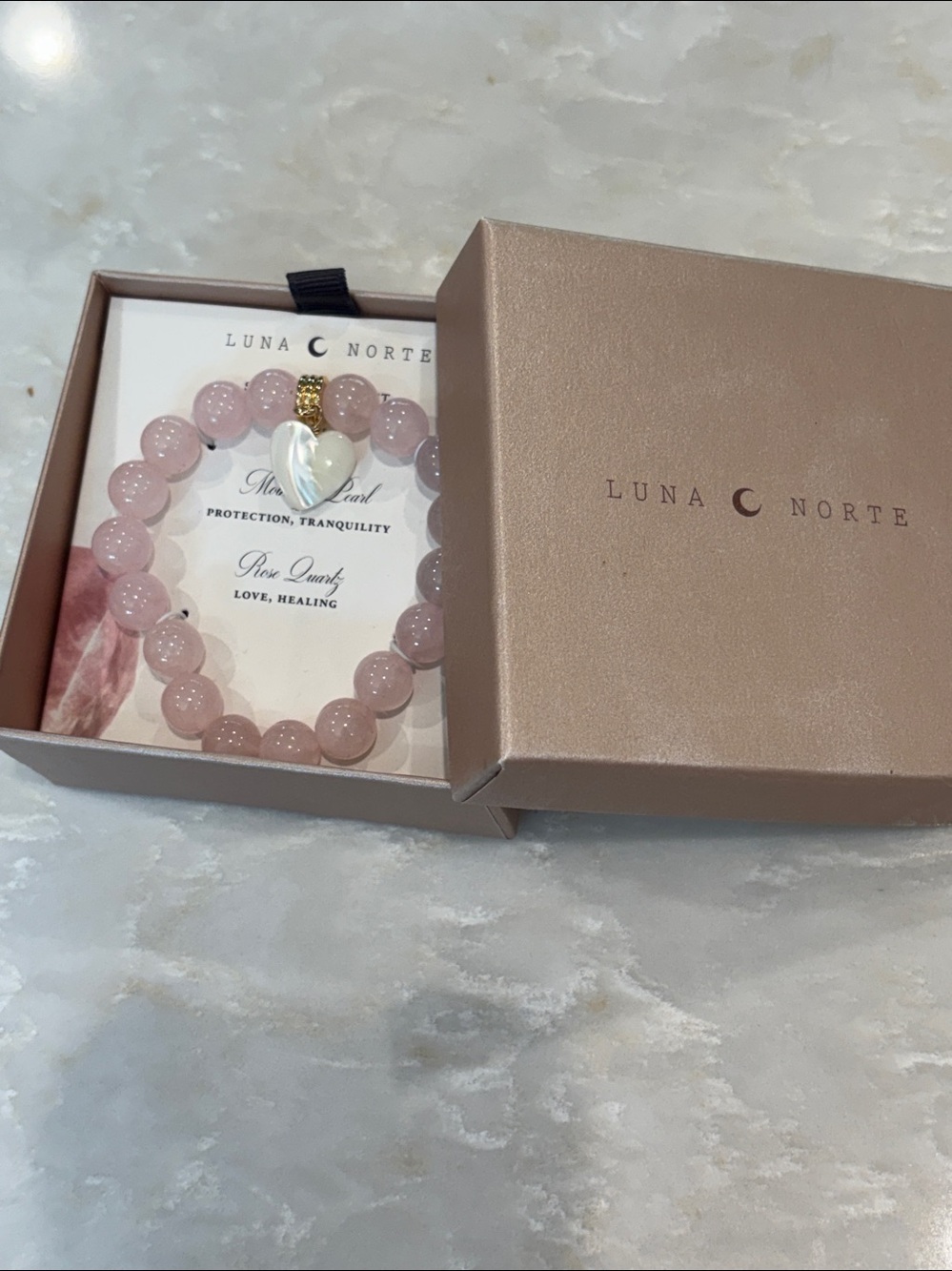 NIB Luna Norte Rose Quartz Beaded Bracelet - mother of pearl Heart Charm